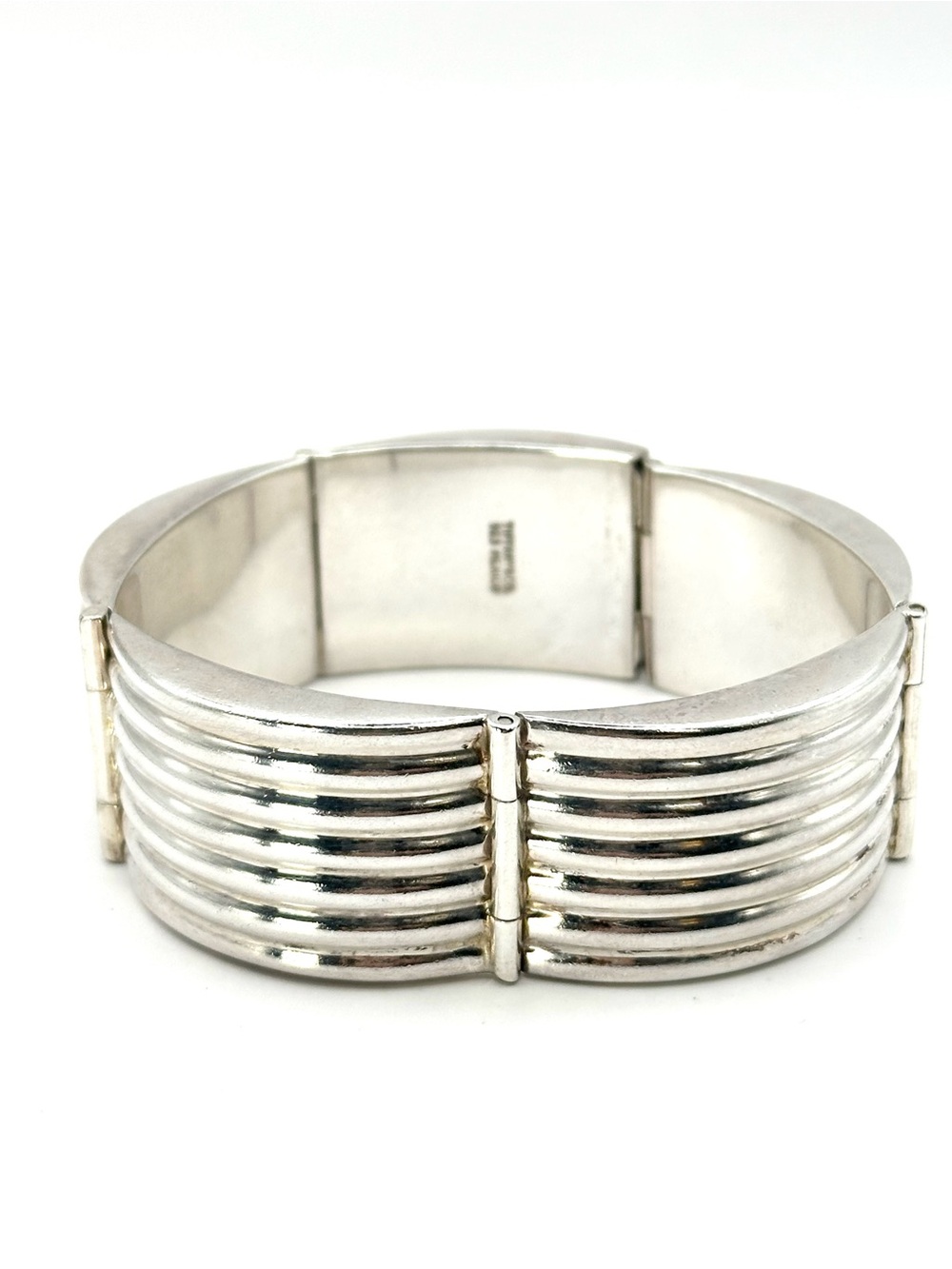 Tiffany & Co Vintage Sterling Silver Ribbed Grooved Hinged Wide Bracelet